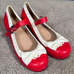 Women’s Red Chunky Heel Mary Jane Pumps Cute Bow & Hearts Round Toe Size 6